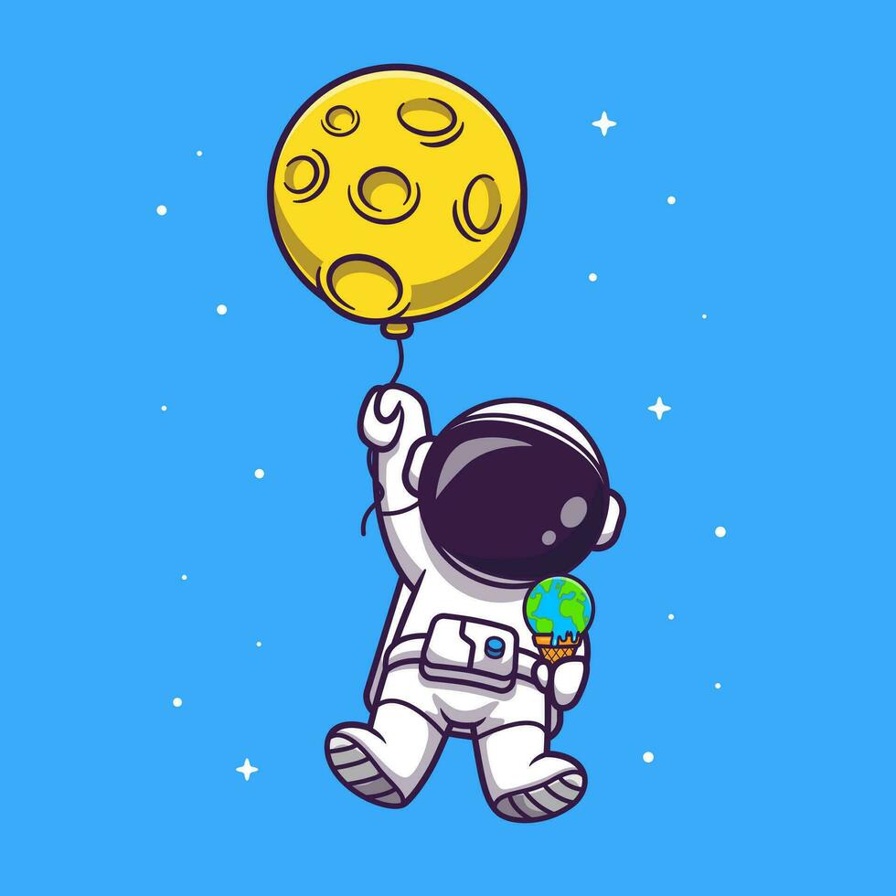 Cute Astronaut Floating With Moon Balloon Cartoon Vector Icon Illustration. Science Technology Icon Concept Isolated Premium Vector. Flat Cartoon Style