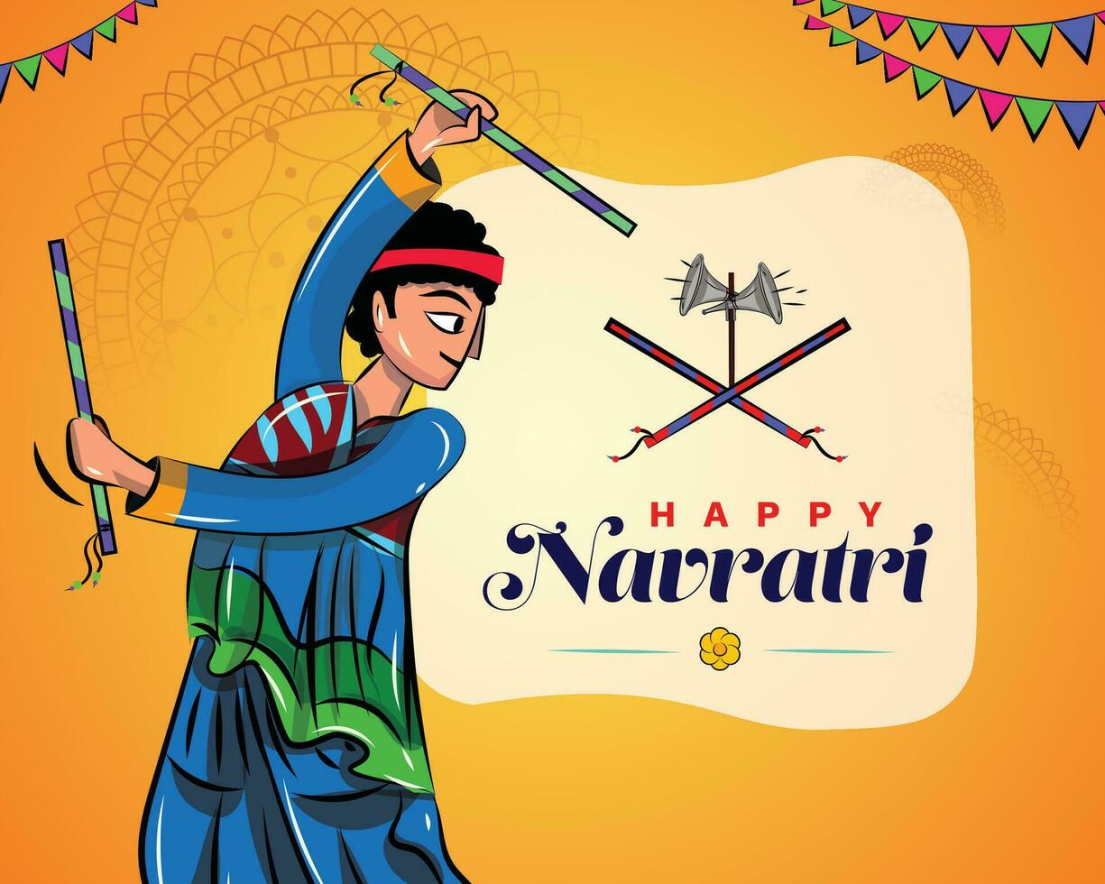 vector ilustración de un hombre jugando tradicional gente danza garba en dandiya noche celebrando navratri durante dussehra