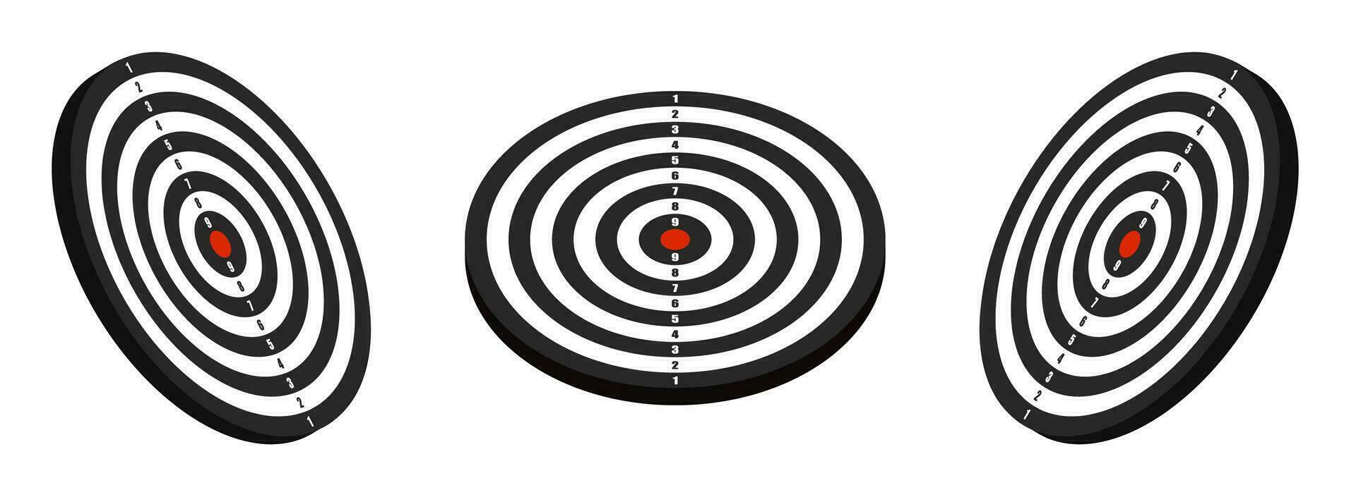 3D sports target with red center. Black and white board target. Equipment for sports competitions. Isometric vector