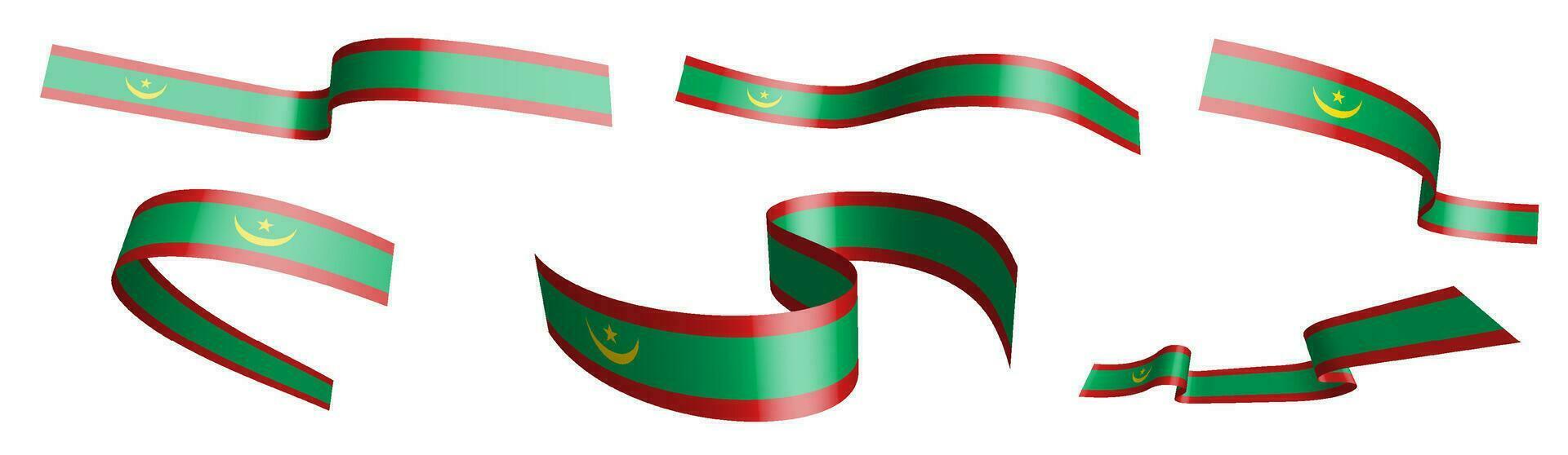 Set of holiday ribbons. Flag of Mauritania waving in wind. Separation into lower and upper layers. Design element. Vector on white background