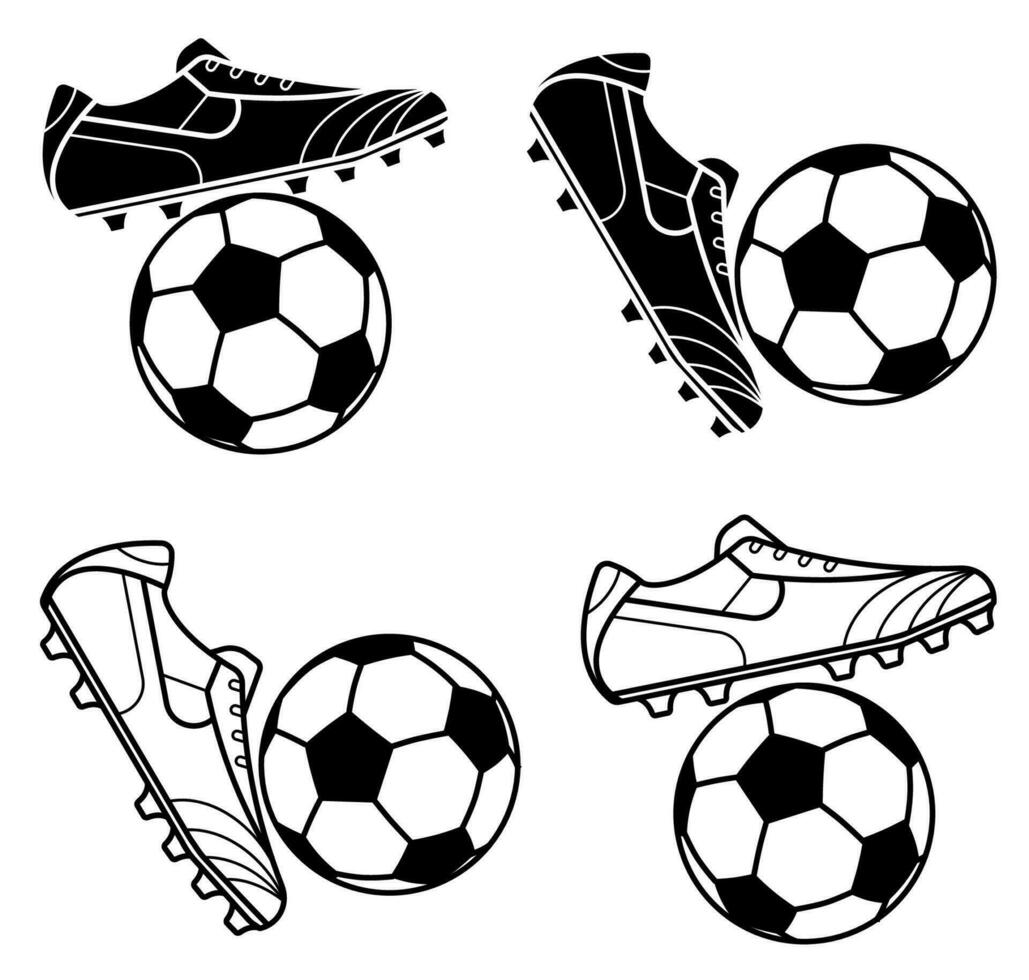 Black and white classic soccer ball and football boot, sneaker. Isolated vector on white background
