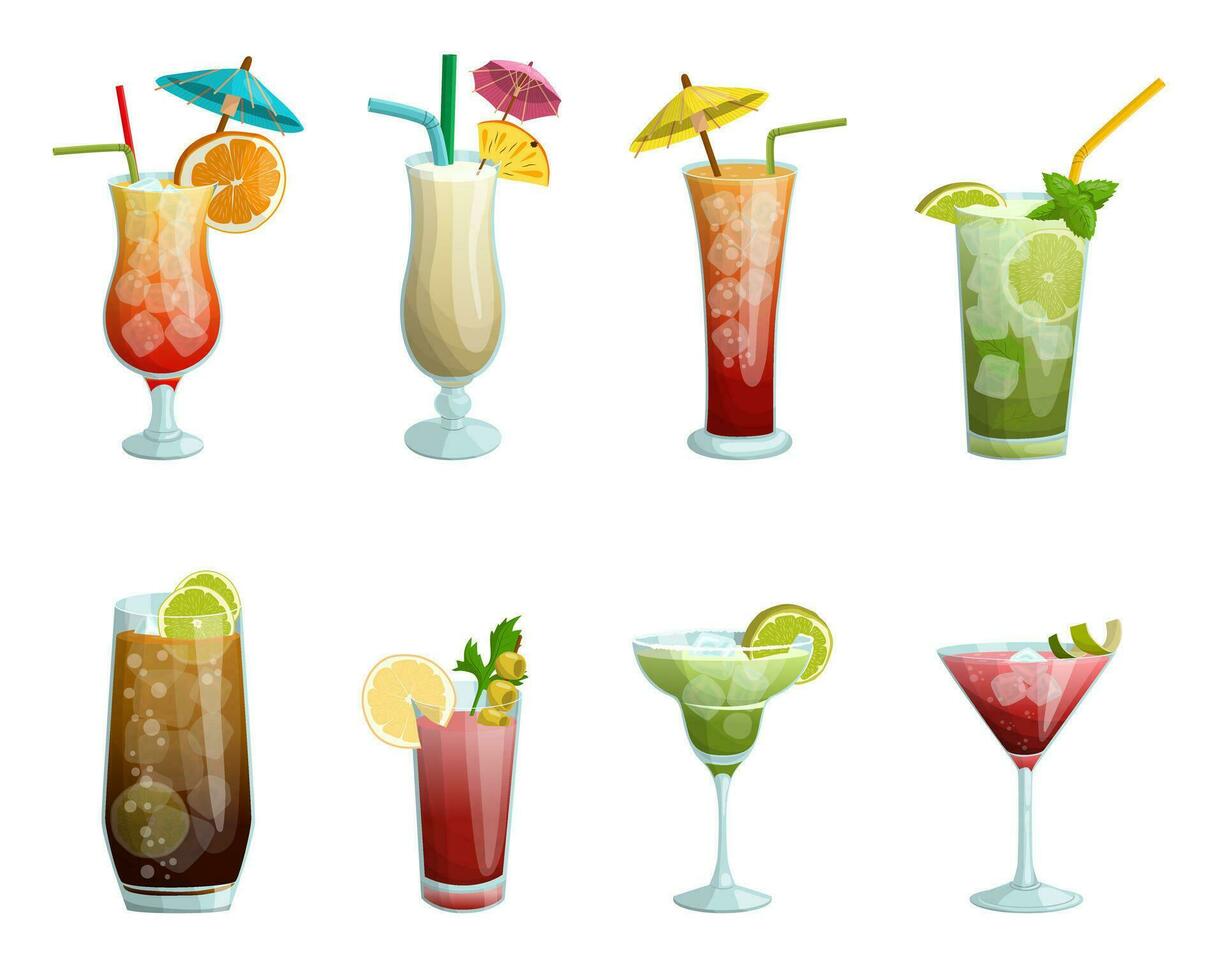 A set of tropical cocktails. Blue lagoon, mimosa, pina colada, martini, etc. Vector illustration on a white background.