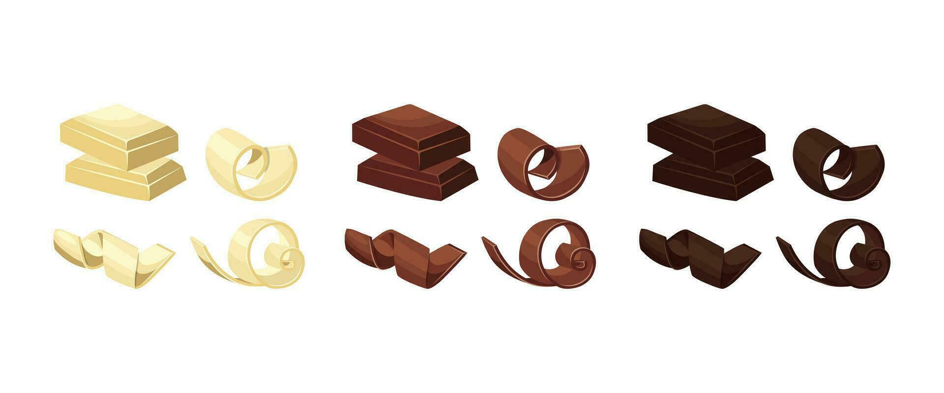 A set of milk, white and dark chocolate, chocolate curls, shavings. Vector horizontal illustration.