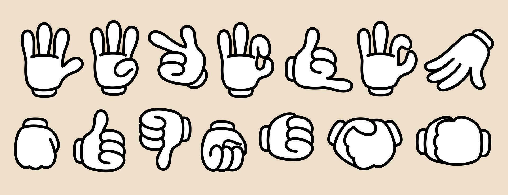 Retro cartoon hands in gloves. Vintage comic gestures and hands poses. Animation mascot body parts. Vector illustration