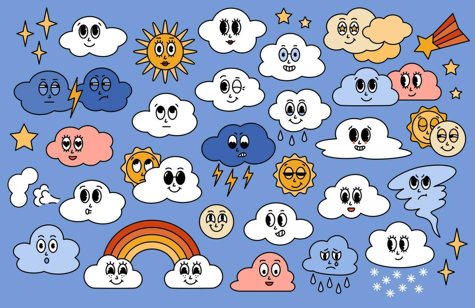 Retro cartoon clouds, sun, moon, rainbow, star character with different emotion. Groovy sticker pack. Vector illustration