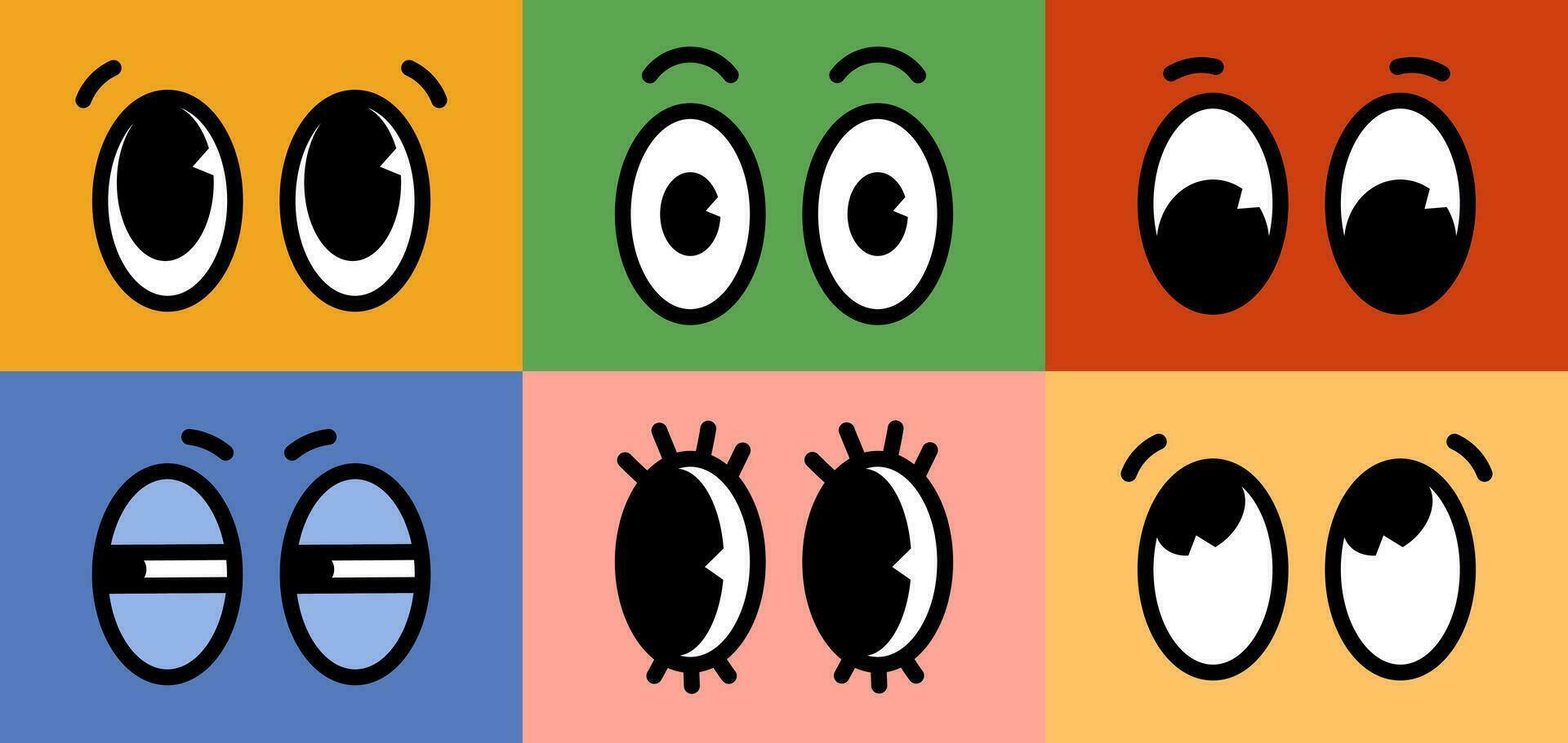 Cartoon retro character comic eyes emotions set on colored backgrounds. Vector illustration