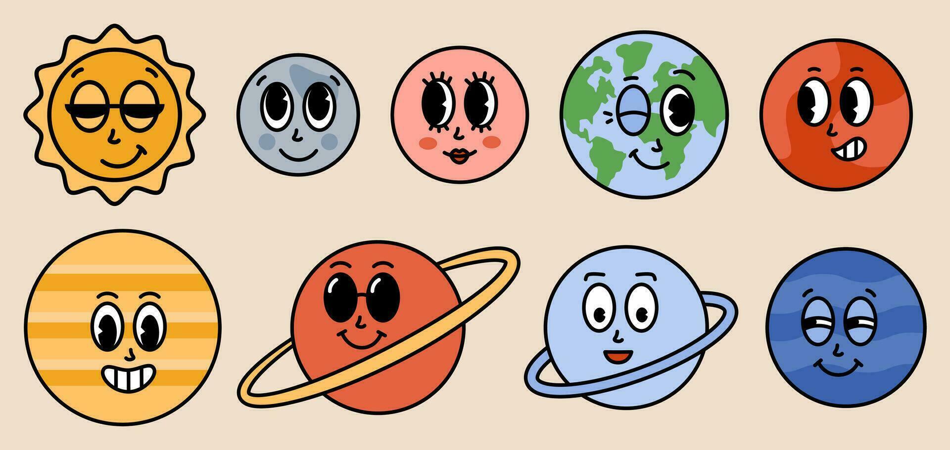 Funny cartoon planets of solar system characters. Mercury, Venus, Earth, Mars, Jupiter, Saturn, Uranus, Neptune groovy sticker pack. Comic elements in trendy retro cartoon style. Vector illustration
