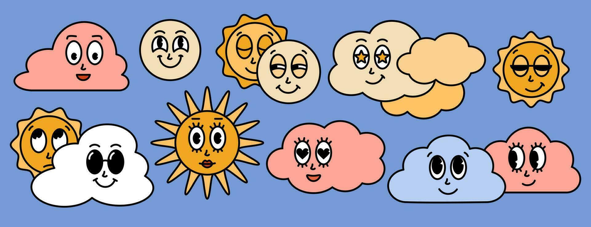 retro dibujos animados nubes, sol, luna, personaje con diferente emoción. soleado, atardecer, amanecer, solar eclipse maravilloso pegatina embalar. vector ilustración
