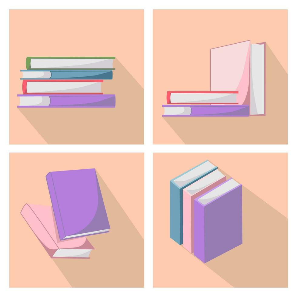 Set colored books with a shadow. Concept of learning. Book fair, reading club, world book day concept. Vector illustration