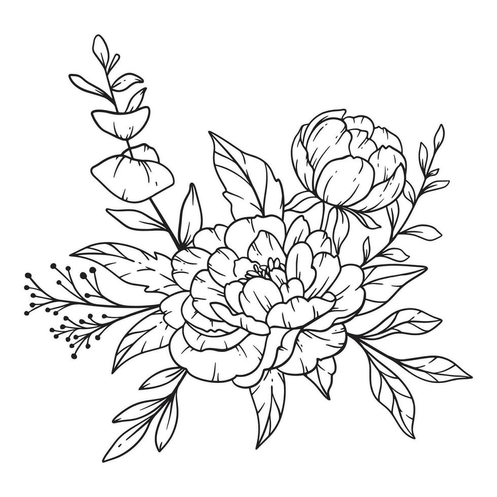 Peony Line Art, Fine Line Peony Bouquets Hand Drawn Illustration ...