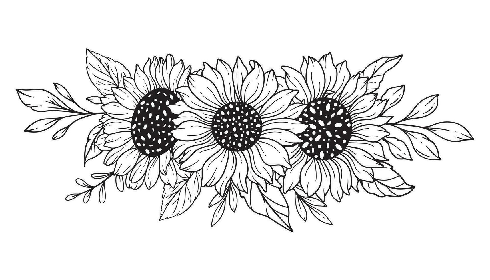girasoles línea arte, multa línea girasol ramos de flores mano dibujado ilustración. colorante página con girasoles vector