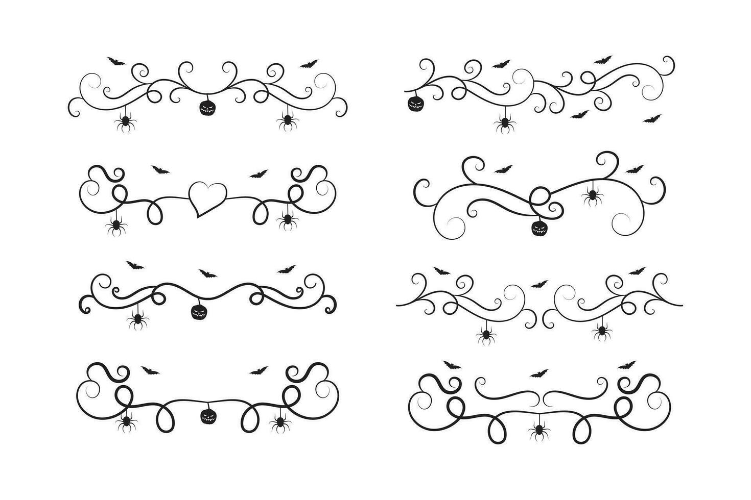 set of Halloween calligraphy victorian flourish filigree wilds swirls, vintage menu ornaments, vines spiral corner frame, decorative swirl border, bat vine scroll spider luxury swirls ornamental vector