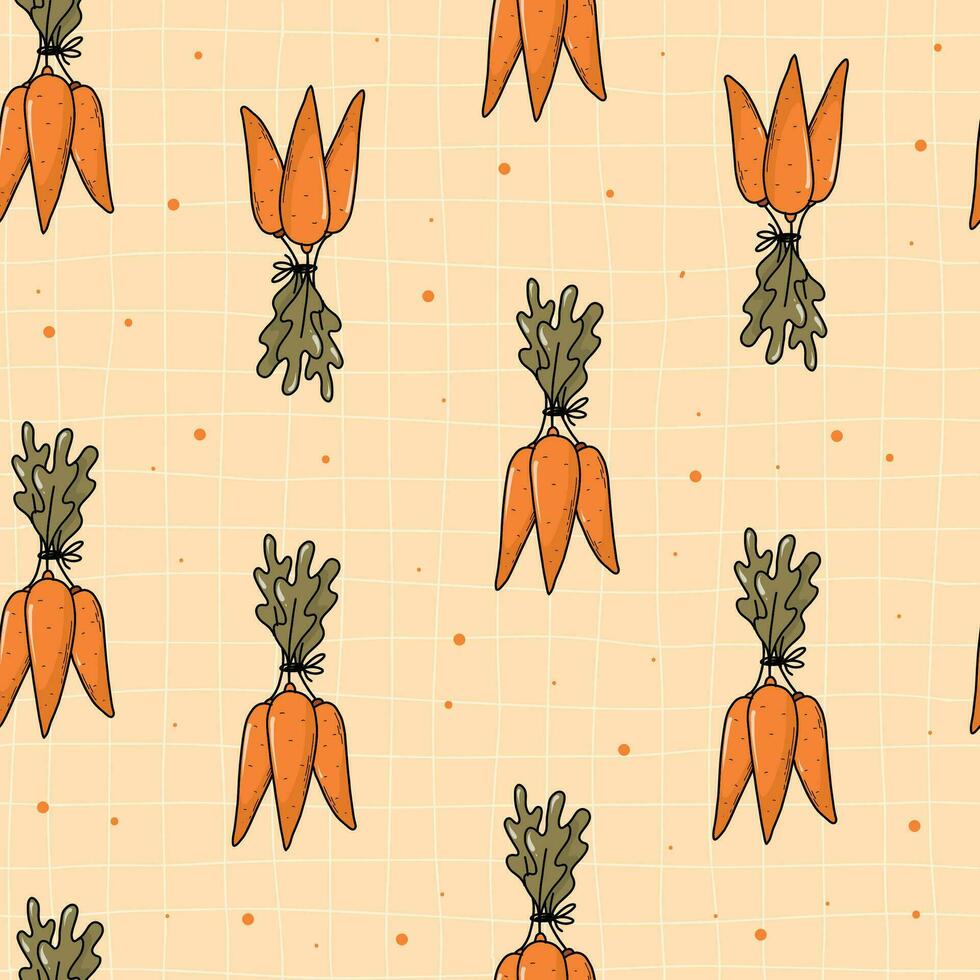 zanahorias sin costura modelo con garabatos para fondo de pantalla, álbum de recortes, textil huellas dactilares, envase papel, antecedentes. jardinería, granja. cosecha tema. eps 10 vector