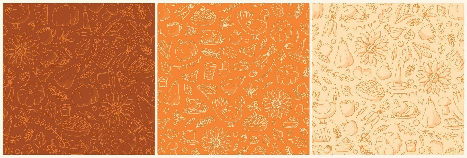 autumn and thanksgiving set of semaless patterns. Fall patterns collection with doodles for wallpaper, wrapping paper, scrapbooking, backgrounds, packaging, textile prints, etc. EPS 10 vector