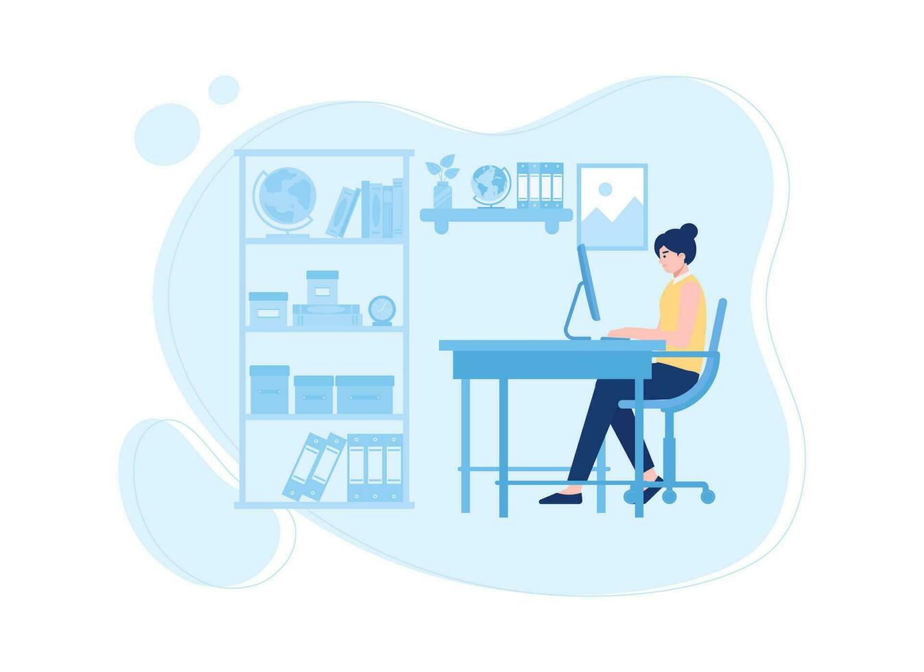 A woman in the study sitting on a chair with a computer concept flat illustration vector