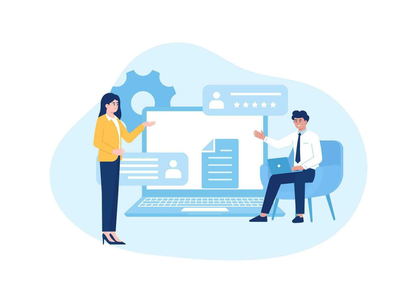 a man and a woman are looking at a computer screen concept flat illustration vector