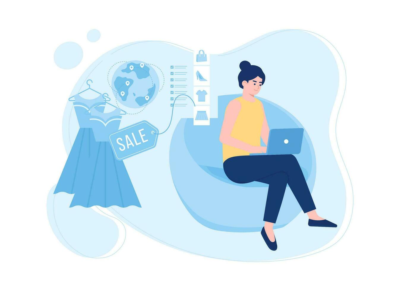 un mujer sentado en un sofá con un ordenador portátil y en línea tienda antecedentes concepto plano ilustración vector