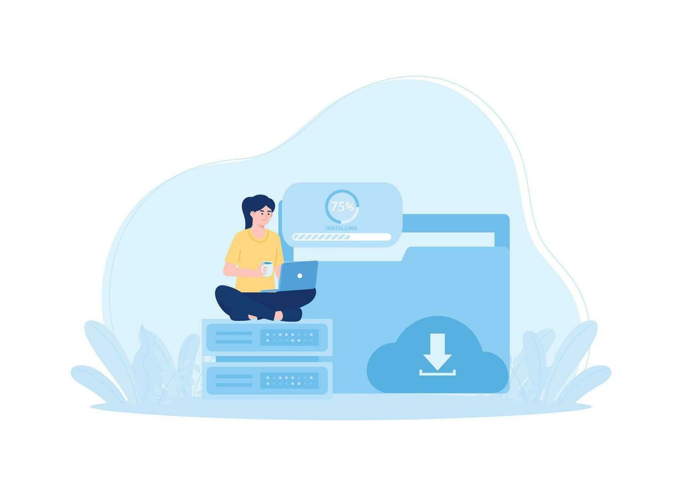 Illustration of a woman sitting on a pile of data with a laptop concept flat illustration vector