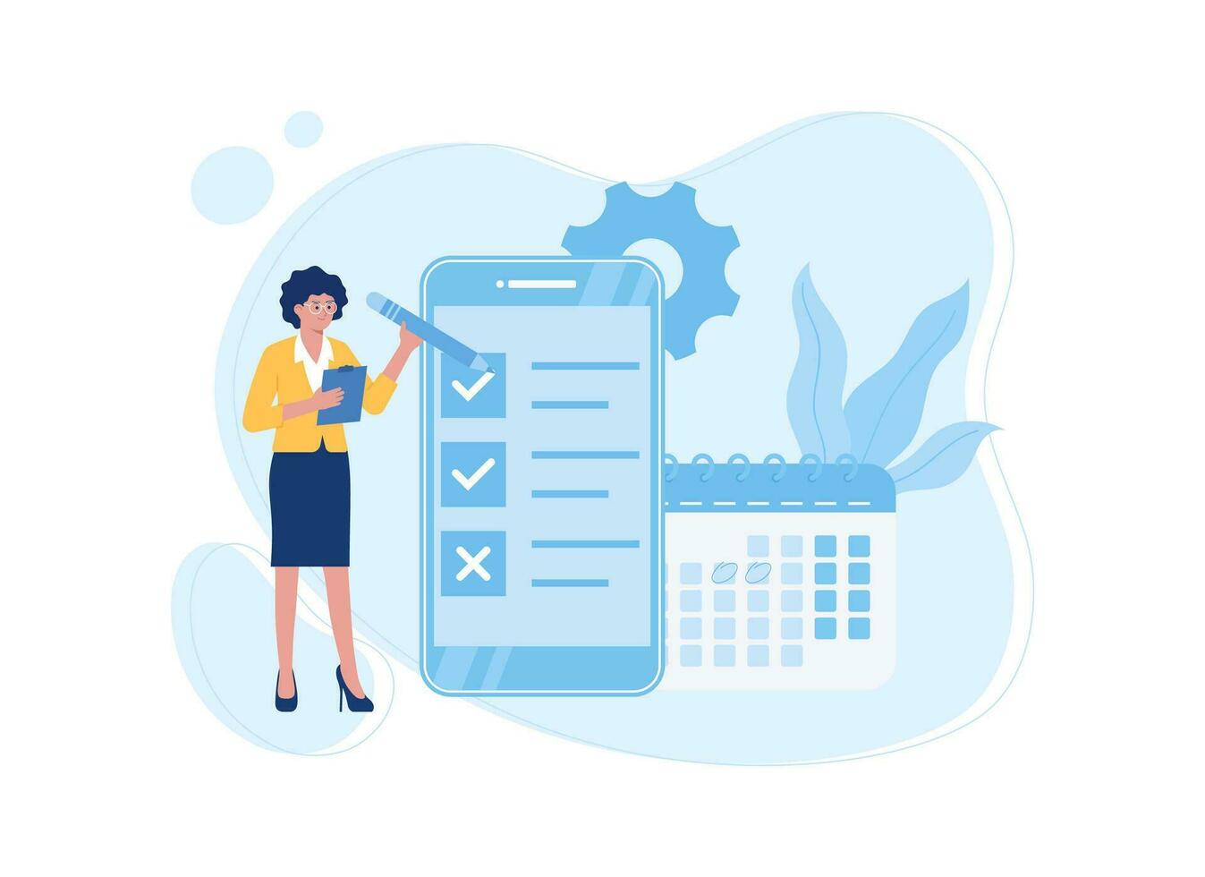 Woman filling schedule list in calendar concept flat illustration vector