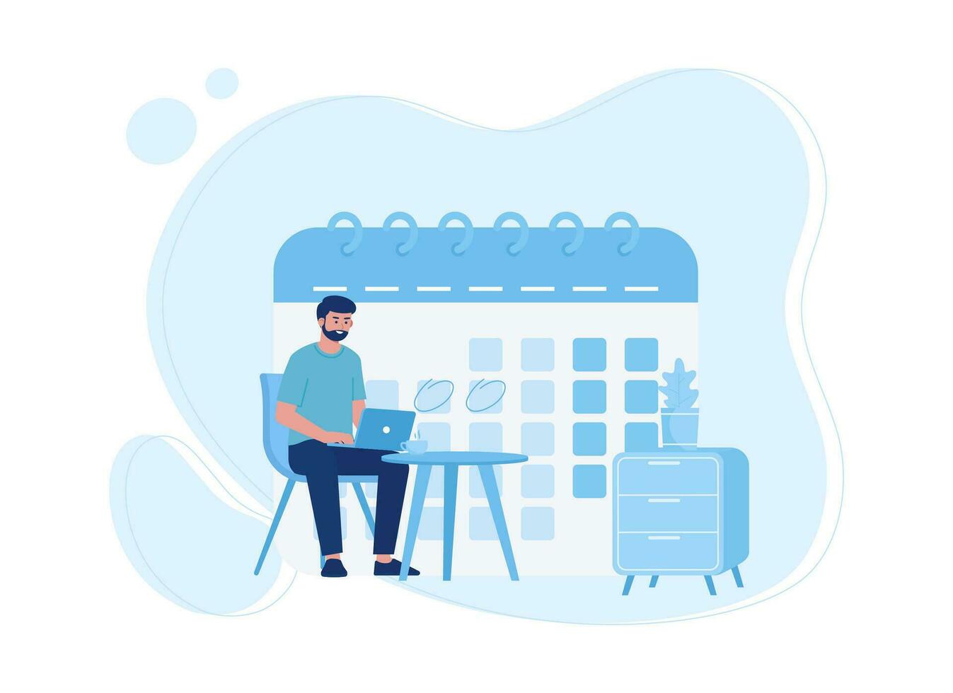 A man sits with a laptop and a calendar concept flat illustration vector