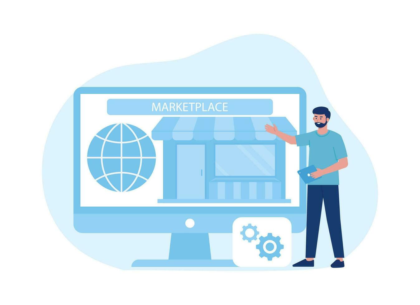 Standing man innovating for her online store, online marketplace management concept flat illustration vector
