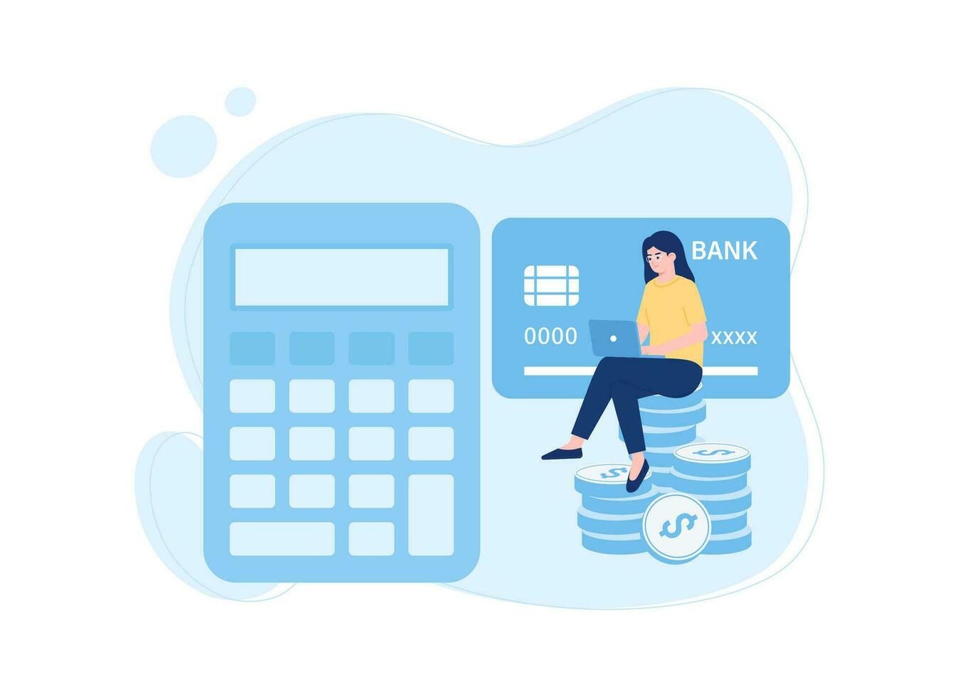 a woman sits on a pile of coins next to a calculator concept flat illustration vector