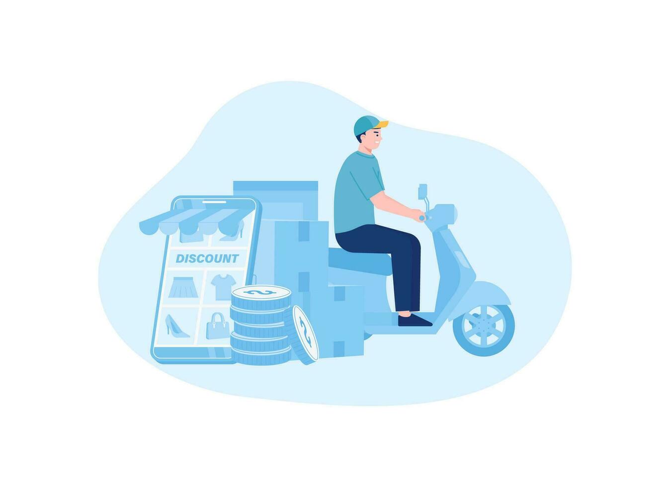 man riding a scooter with a cart of goods concept flat illustration vector