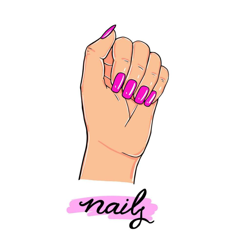 Vector sketch of a female hand with pink nails. Female hand manicure