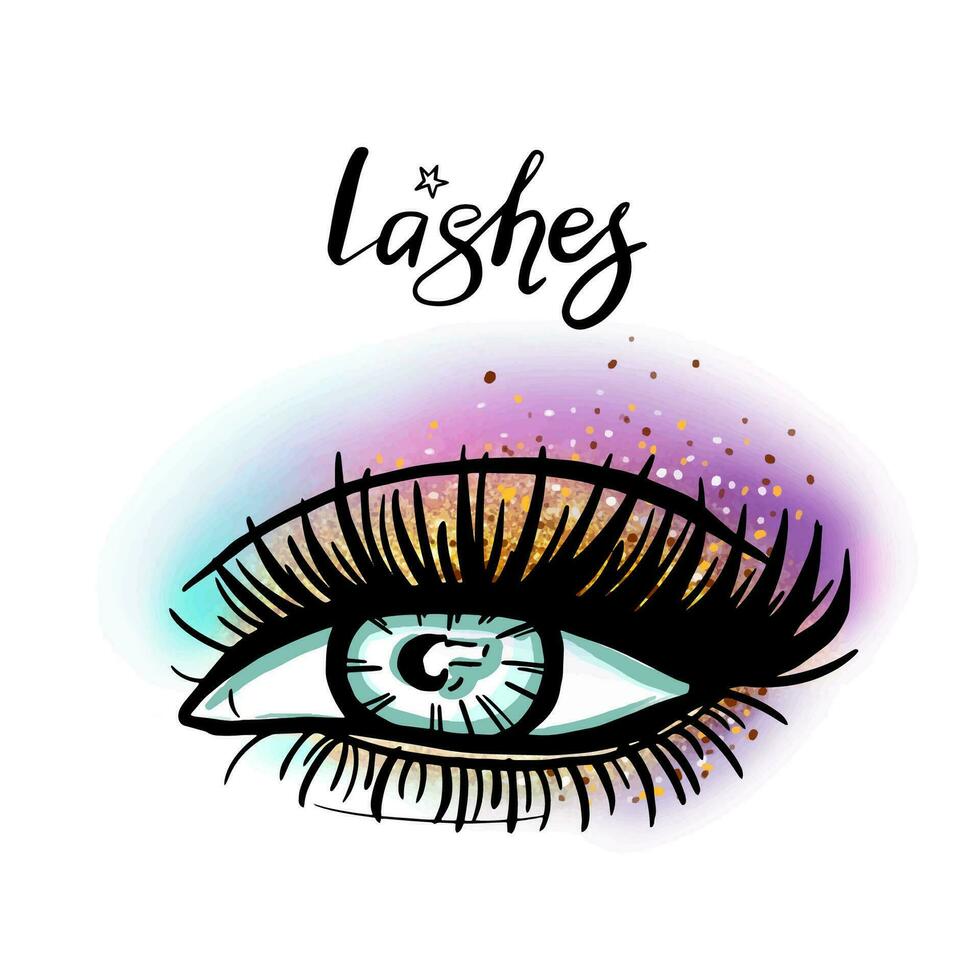 Eye with long eyelashes, shadows and glitter, vector illustration