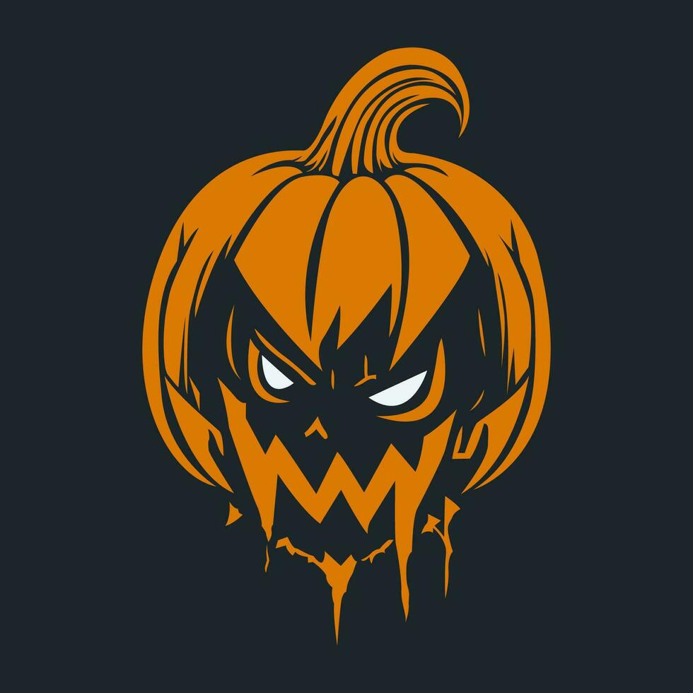 Halloween pumpkin with face on dark background. Vector cartoon Illustration.