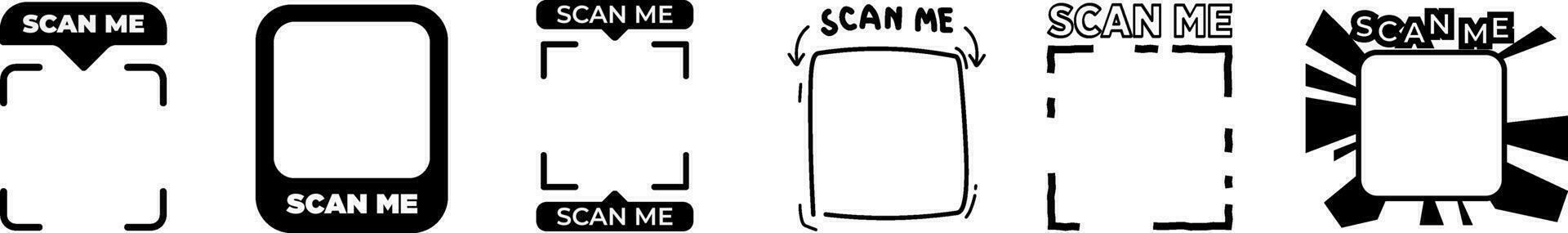 escanear yo conjunto iconos qr código modelo. escanear yo pegatina. qr código escanear icono colocar. escanear yo marco. qr código escanear para teléfono inteligente qr código para móvil aplicación, pago y identificación. vector ilustración.