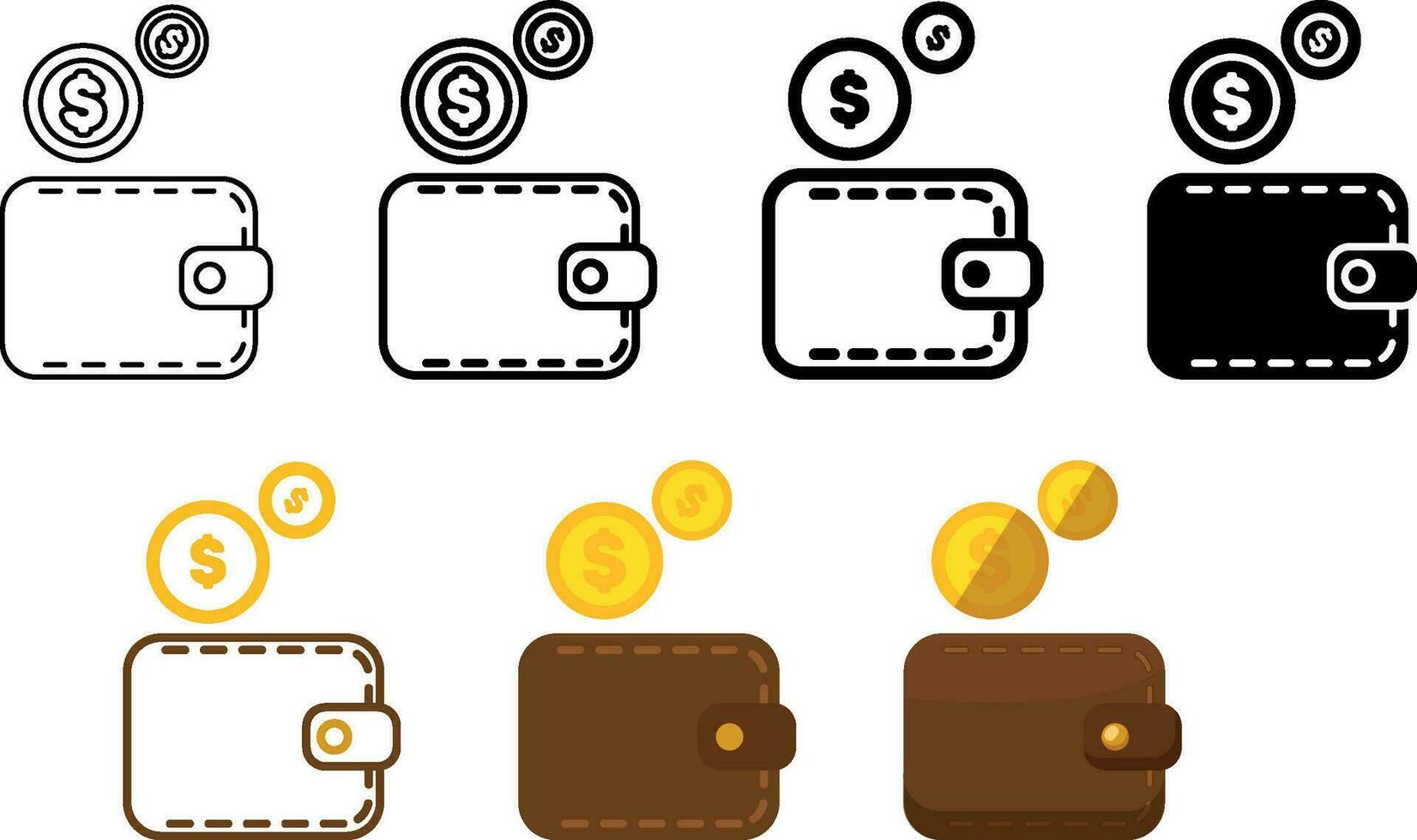 billetera icono vector. moneda icono. efectivo dinero ganancias, salario. devolución de dinero. ingreso, dorado monedas dinero volador vector ilustración.. fondo ahorros, financiero éxito. dinero silueta. negro, color y lineal