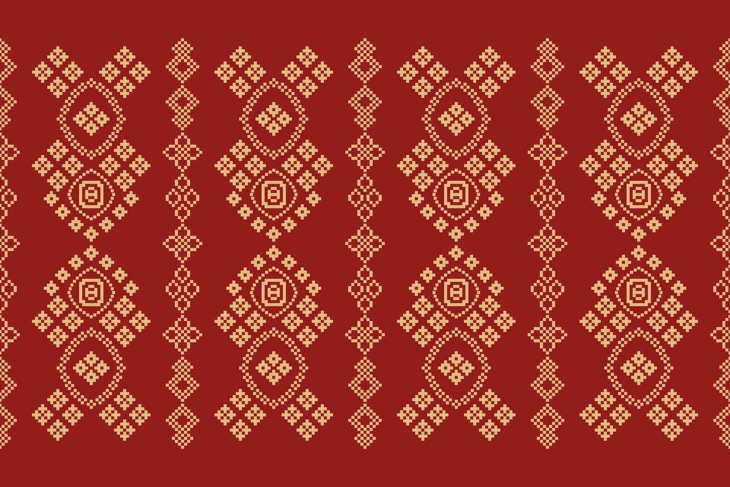 Ethnic geometric fabric pattern Cross Stitch.Ikat embroidery Ethnic oriental Pixel pattern red background. Abstract,vector,illustration. Texture,clothing,frame,decoration,motifs,silk wallpaper. vector