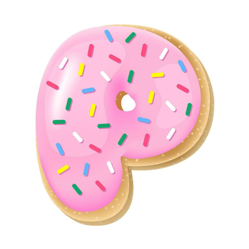 Vector pink letter P from donut alphabet. Sweet tasty cookie font. Food illustration