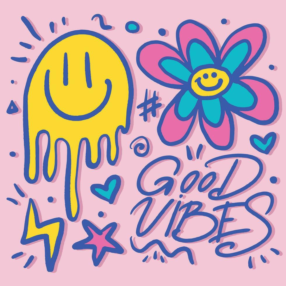 Good Vibes lettering retro colorful Wallpaper with yellow smile face and flower on the pink Background. 90s style. Print for graphic tee, bomber. Vector illustration