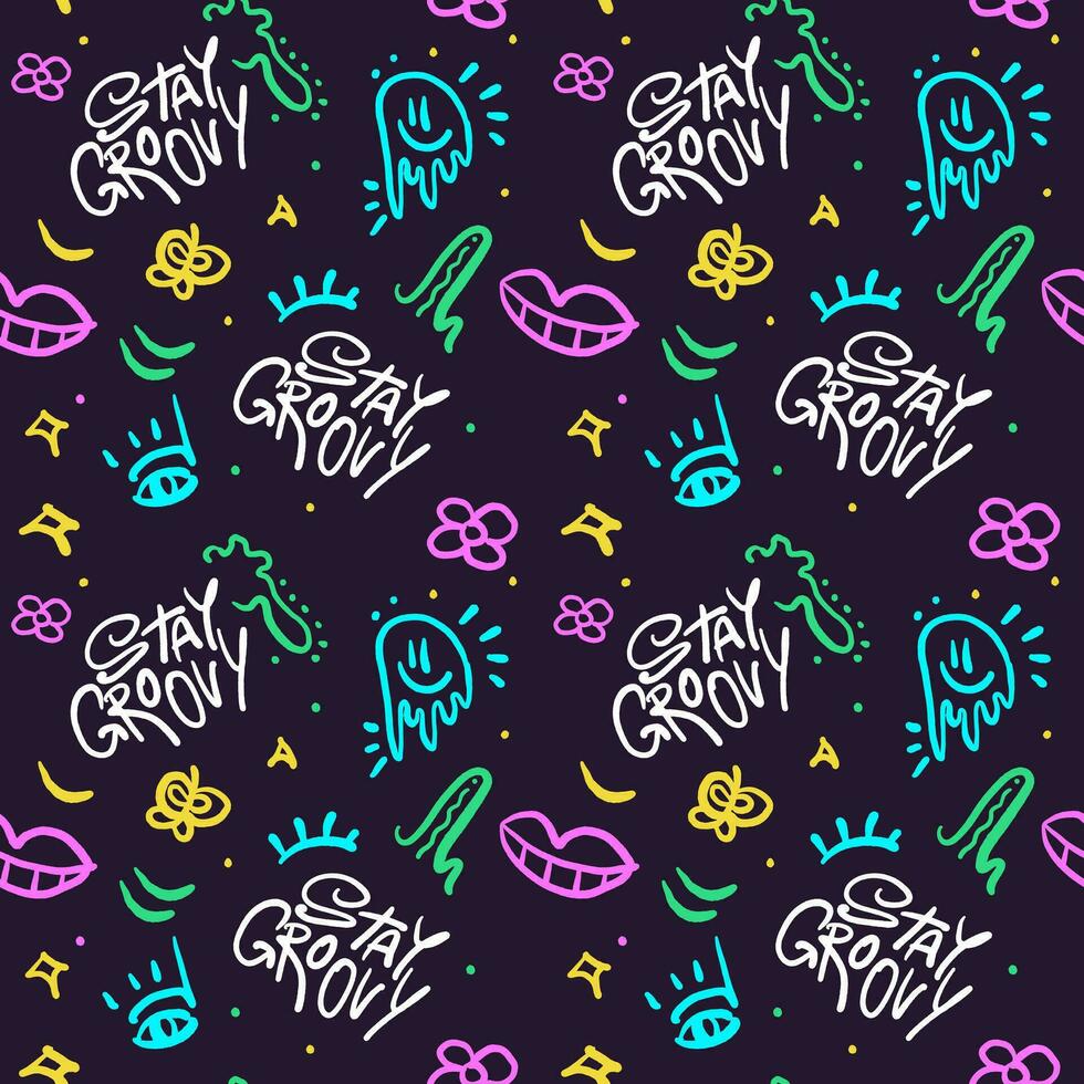 Seamless Pattern Stay Groovy retro   Wallpaper Background with smile face. 90s style. Print for graphic tee, bomber. Vector positive illustration