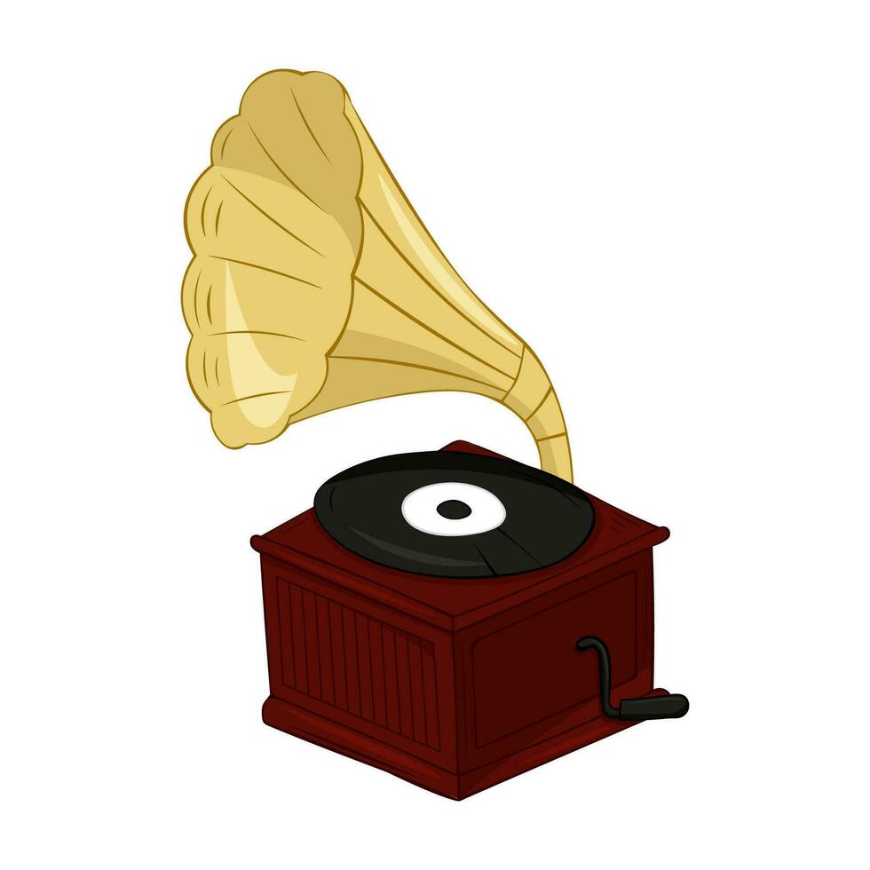 Vintage gramophone with vinyl recording on disc. Gramophone vinyls records retro player isolated on white background. Vector illustration.