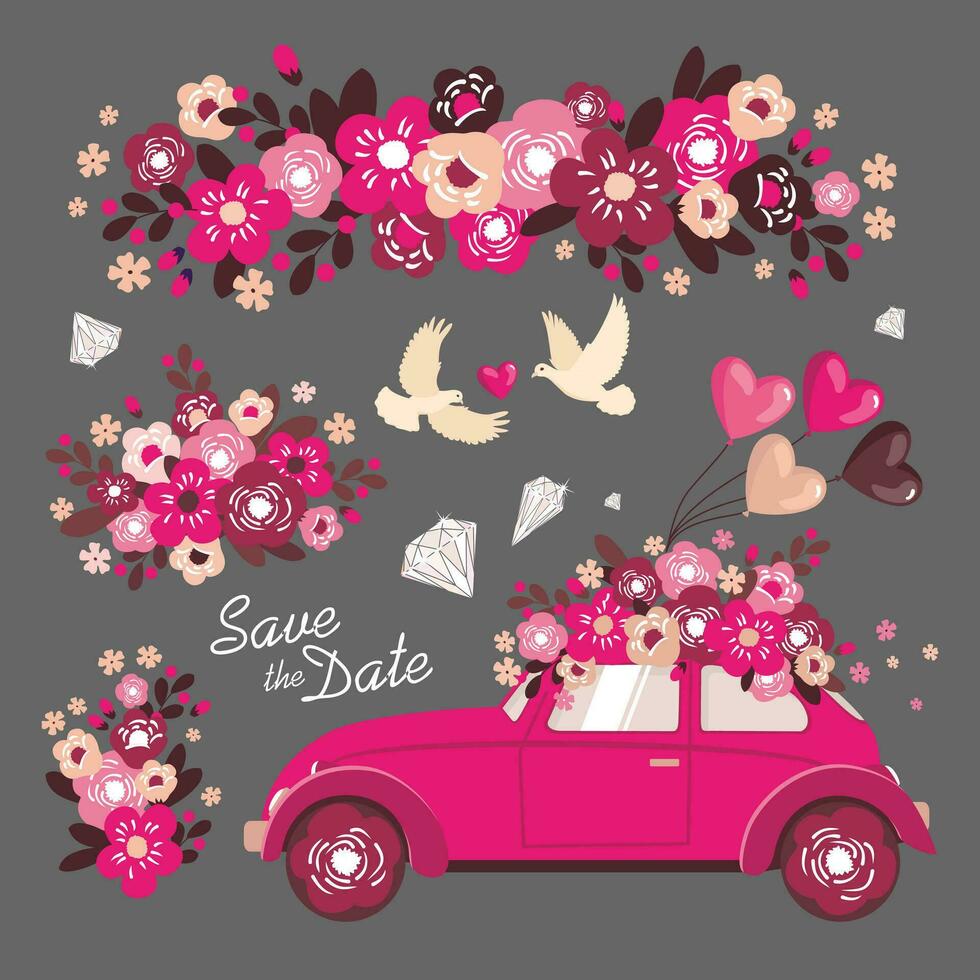 Wedding elements set. For invitations, postcards, notices. Save the date. Illustrated vector clipart.