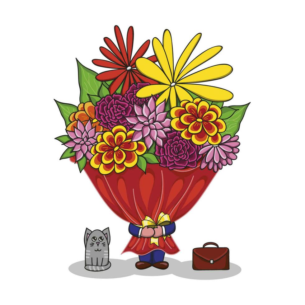 un colegial con un enorme ramo de flores de flores va a escuela. impresión para el fiesta en septiembre 1. saludo tarjeta en dibujos animados estilo vector