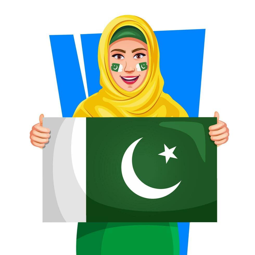 orgulloso pakistaní mujer en abaya sostener nacional bandera de Pakistán vector