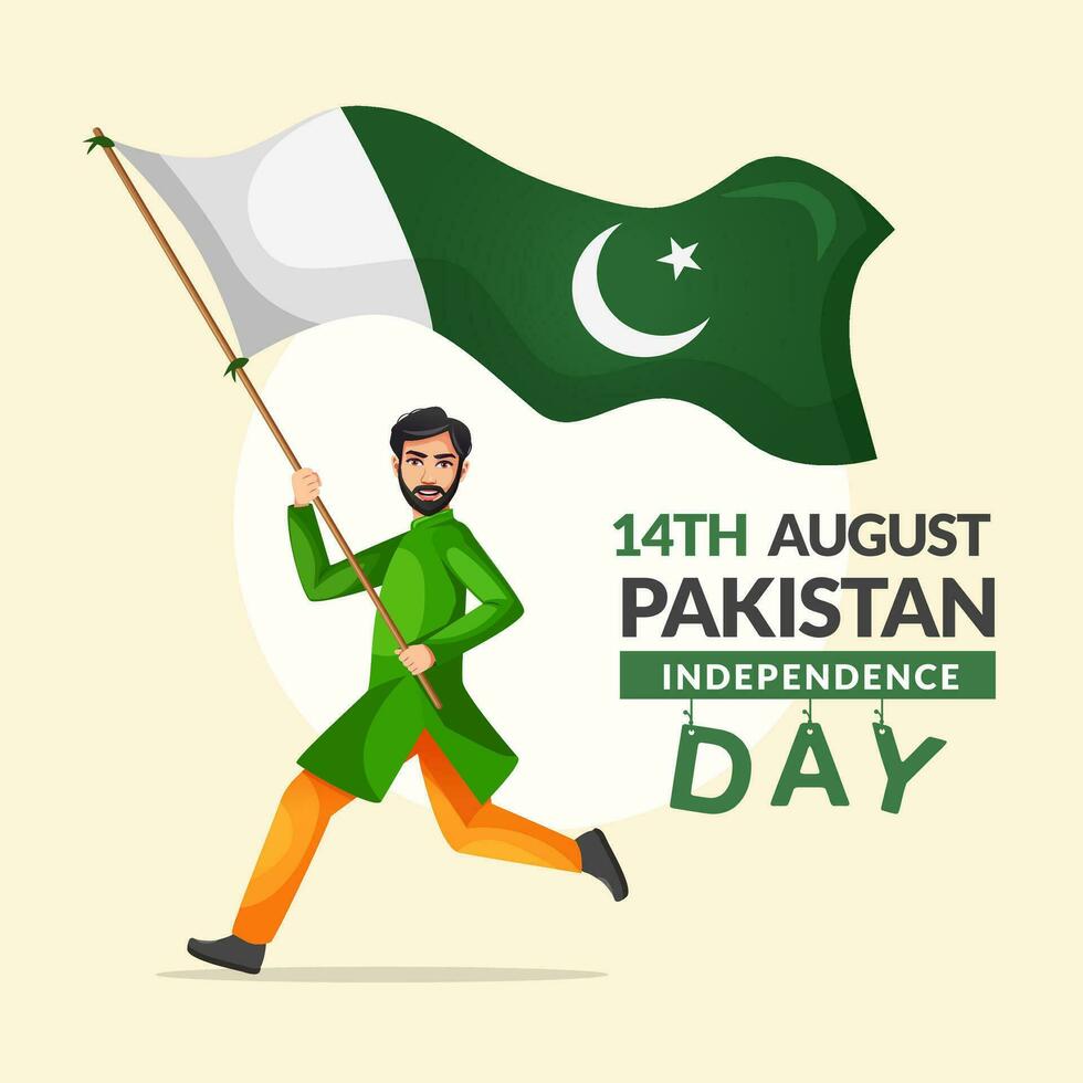Pakistan independence day ,14 august vector Illustration greeting card. Waving Pakistan flag isolated on background.