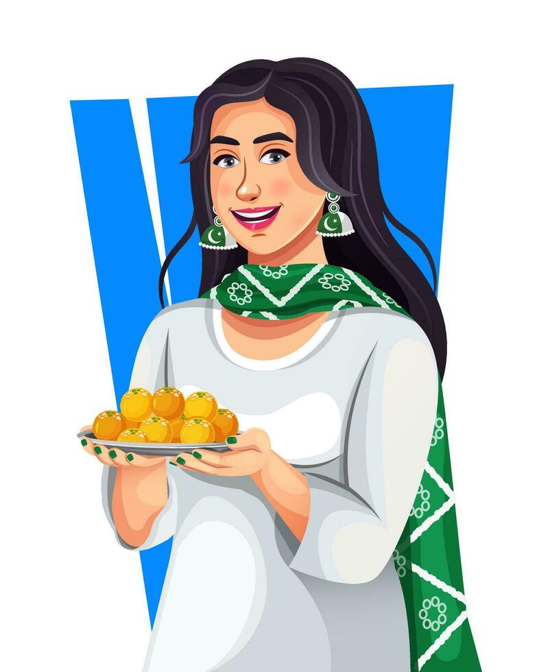Pretty young Muslim woman girl holding sweets on the occasion of 14 August Independence Day. Celebrating patriotic festival. vector