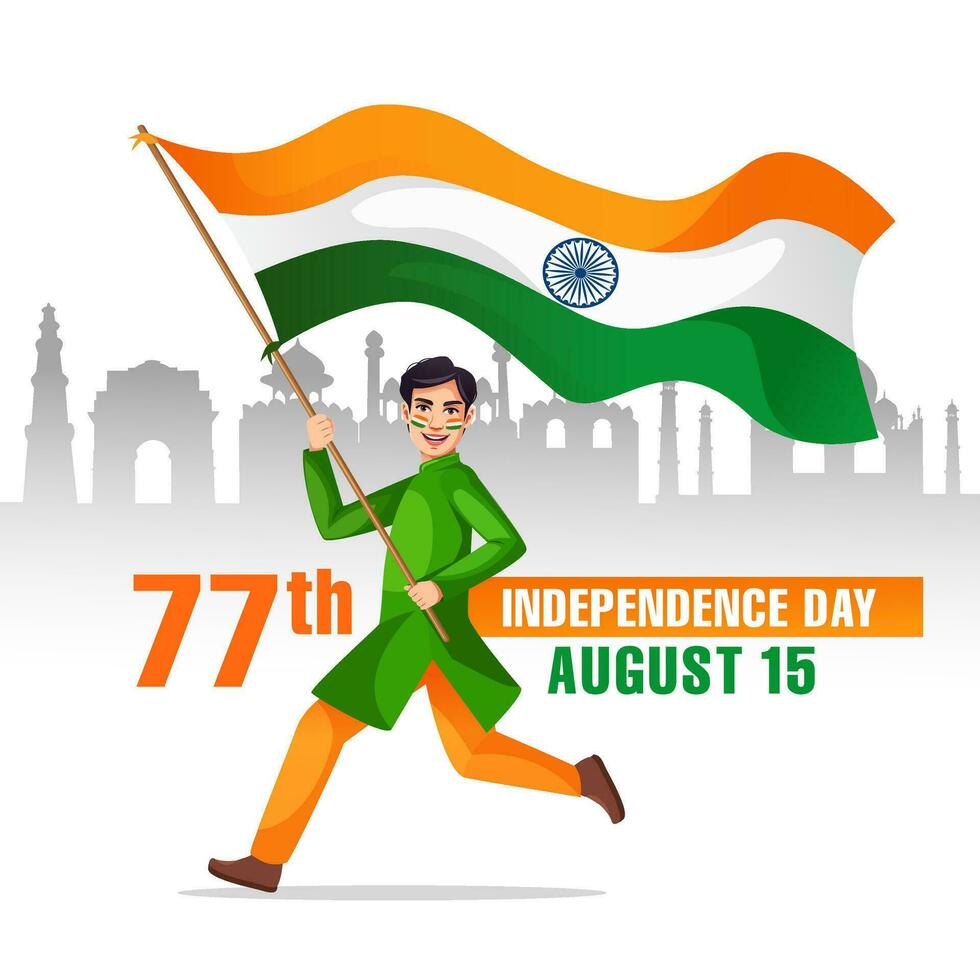 póster diseño de contento independencia día plantilla, indio chico corriendo y ondulación el nacional bandera de India. vector