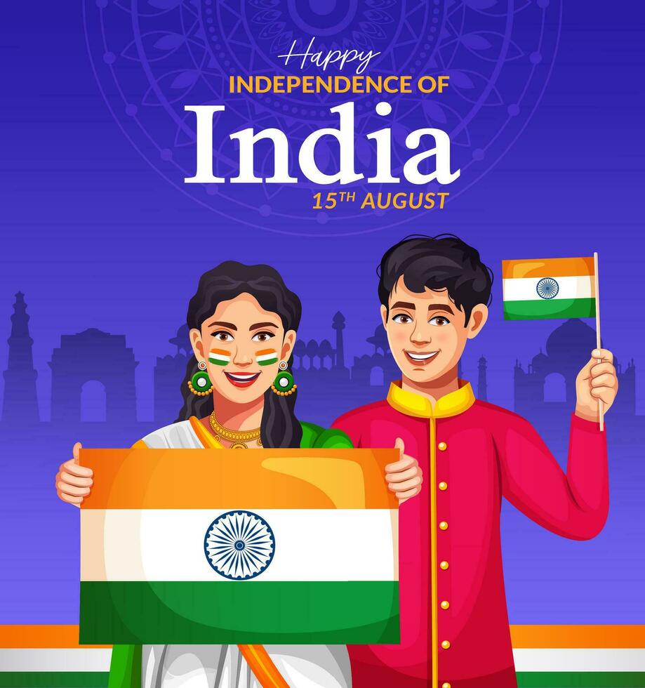 Stock vector illustration of 15th August India Happy Independence Day. Template design for poster, banner, flyer, and greeting card.