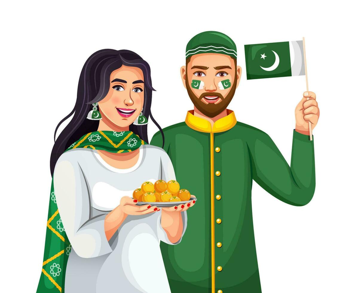 Vector Portrait of muslim couple in Traditional Costume holding Pakistan Flag.