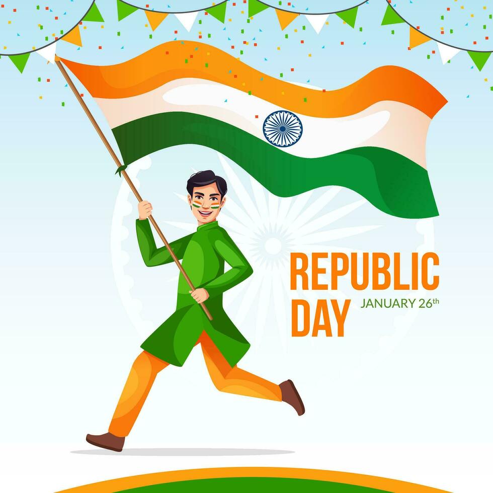 Indian Republic Day 26 January vector illustration background tricolor flag, a boy running and waving the Indian flag.