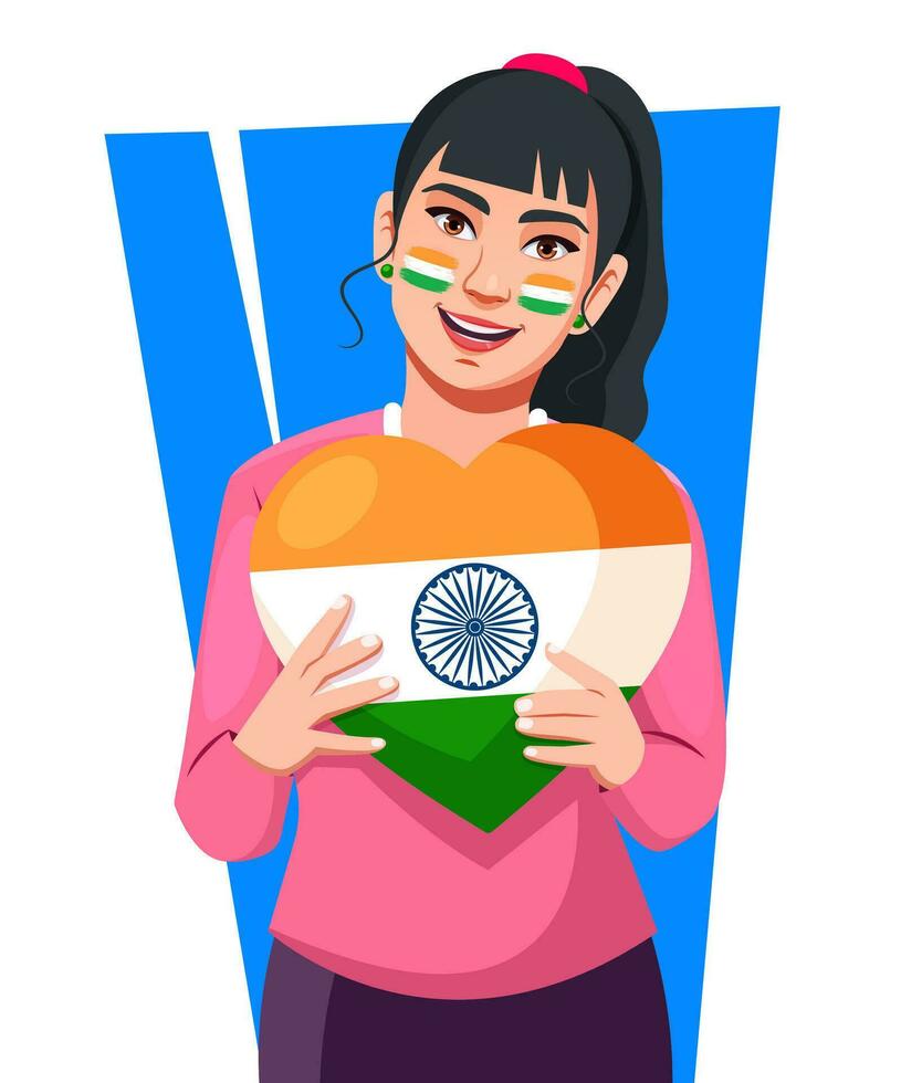 Vector of Indian girl holding heart in national flag colors standing on isolated background. Indian flag painted on supporter face.