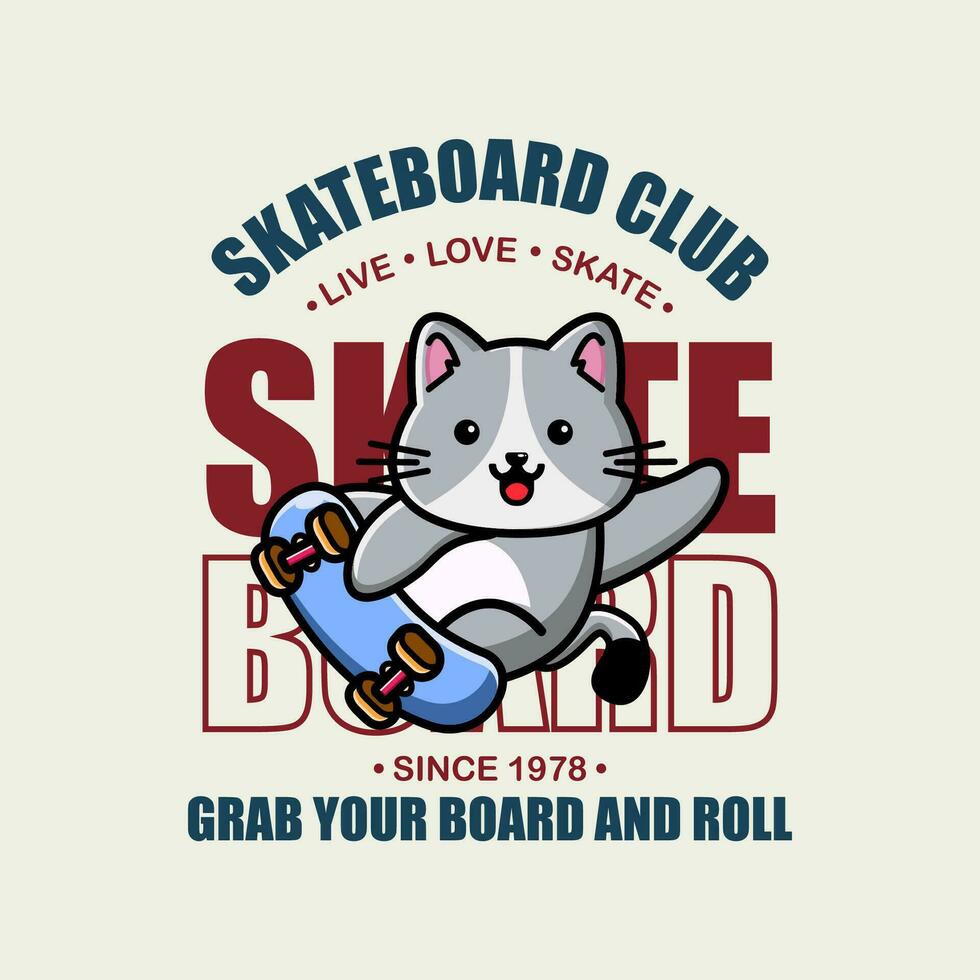 Cat to skate cartoon character tshirt design vector