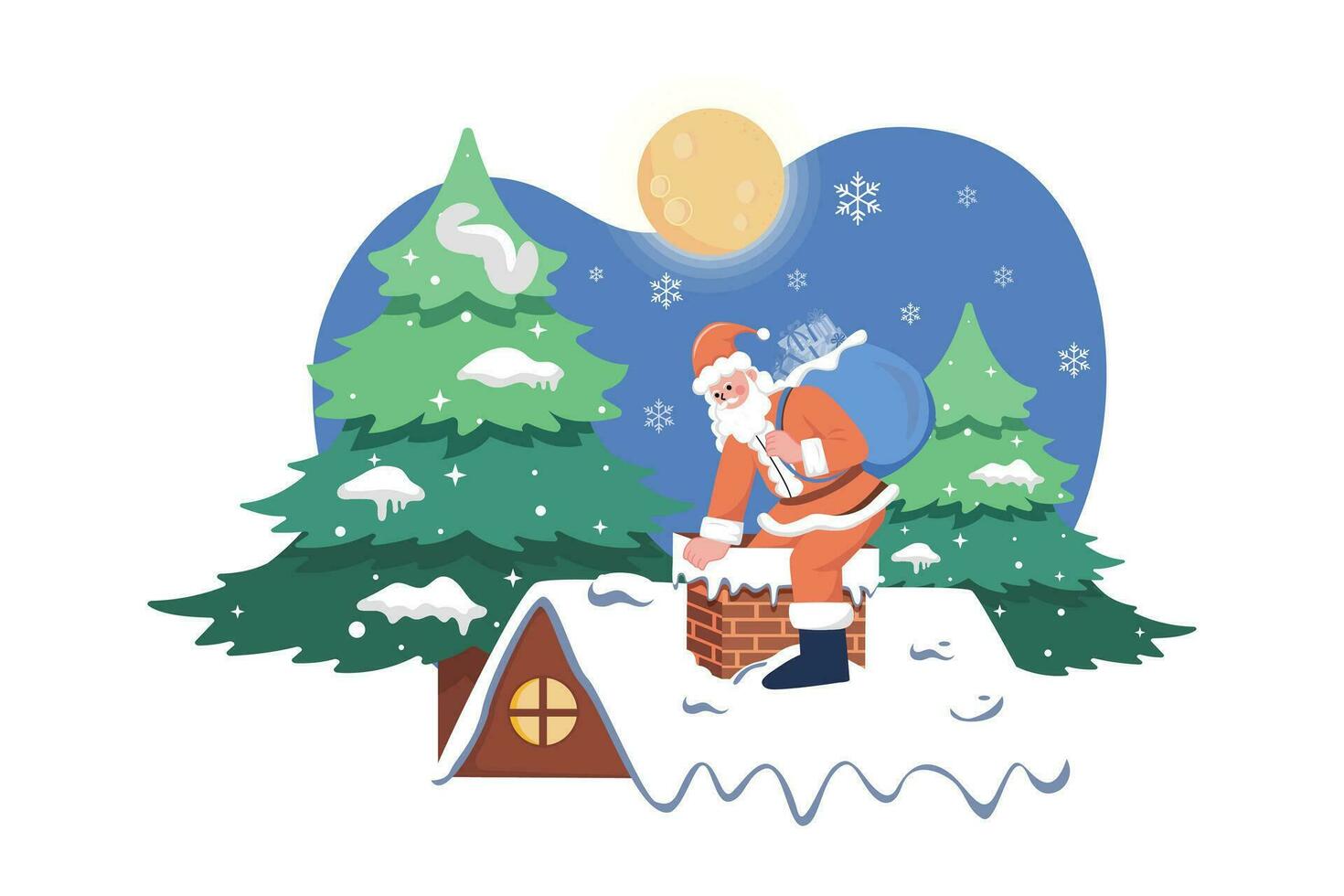 Santa Entering In The Chimney Of The House vector