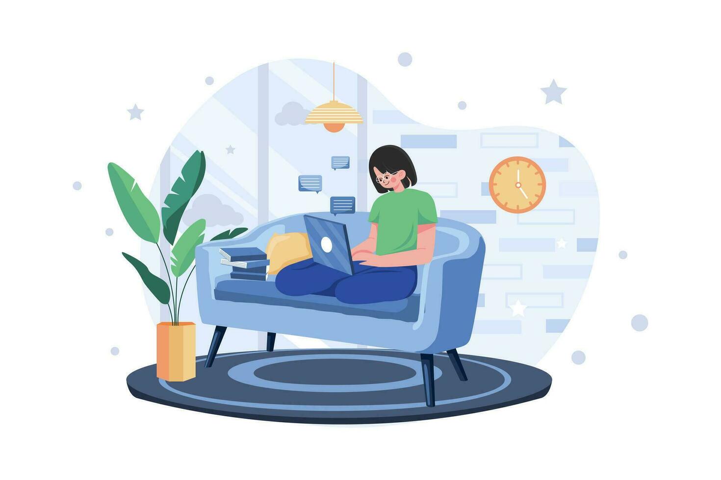 Woman Employee Working From Home While Seating On The Couch vector